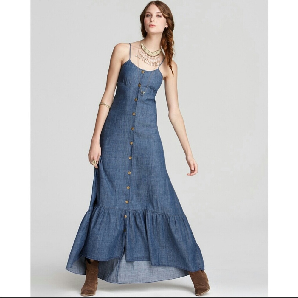 FREE PEOPLE BUTTON-DOWN DENIM CASUAL MAXI DRESS